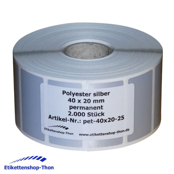 Polyesteretiketten - 40 x 20 mm - 2000 Stück - silber - Hülse 25 mm